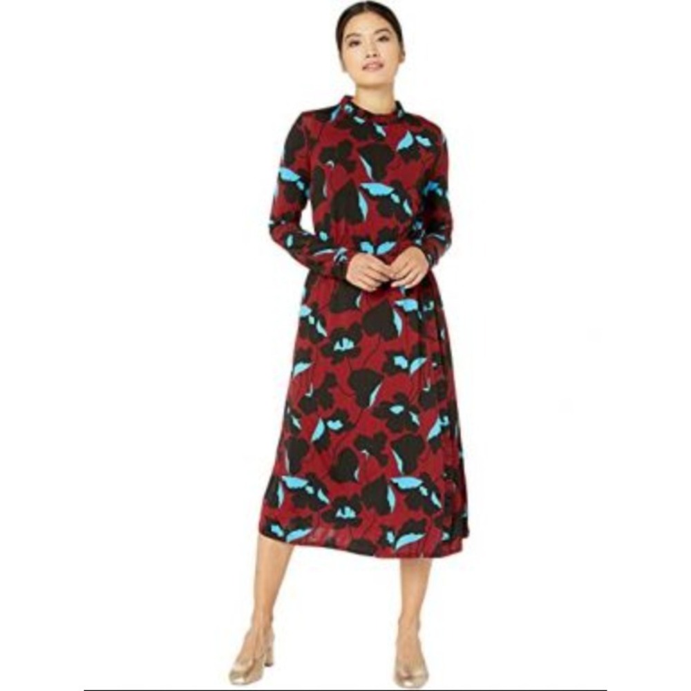 Kate Spade City Blooms Midi Burgundy Floral Print Long Sleeve Dress Size XS‎